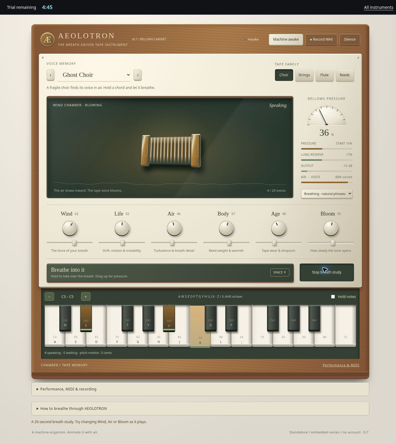 AEOLOTRON 0.7 Bellows Cabinet interface with walnut casing, brass bellows, pressure gauge, six controls and playable keyboard