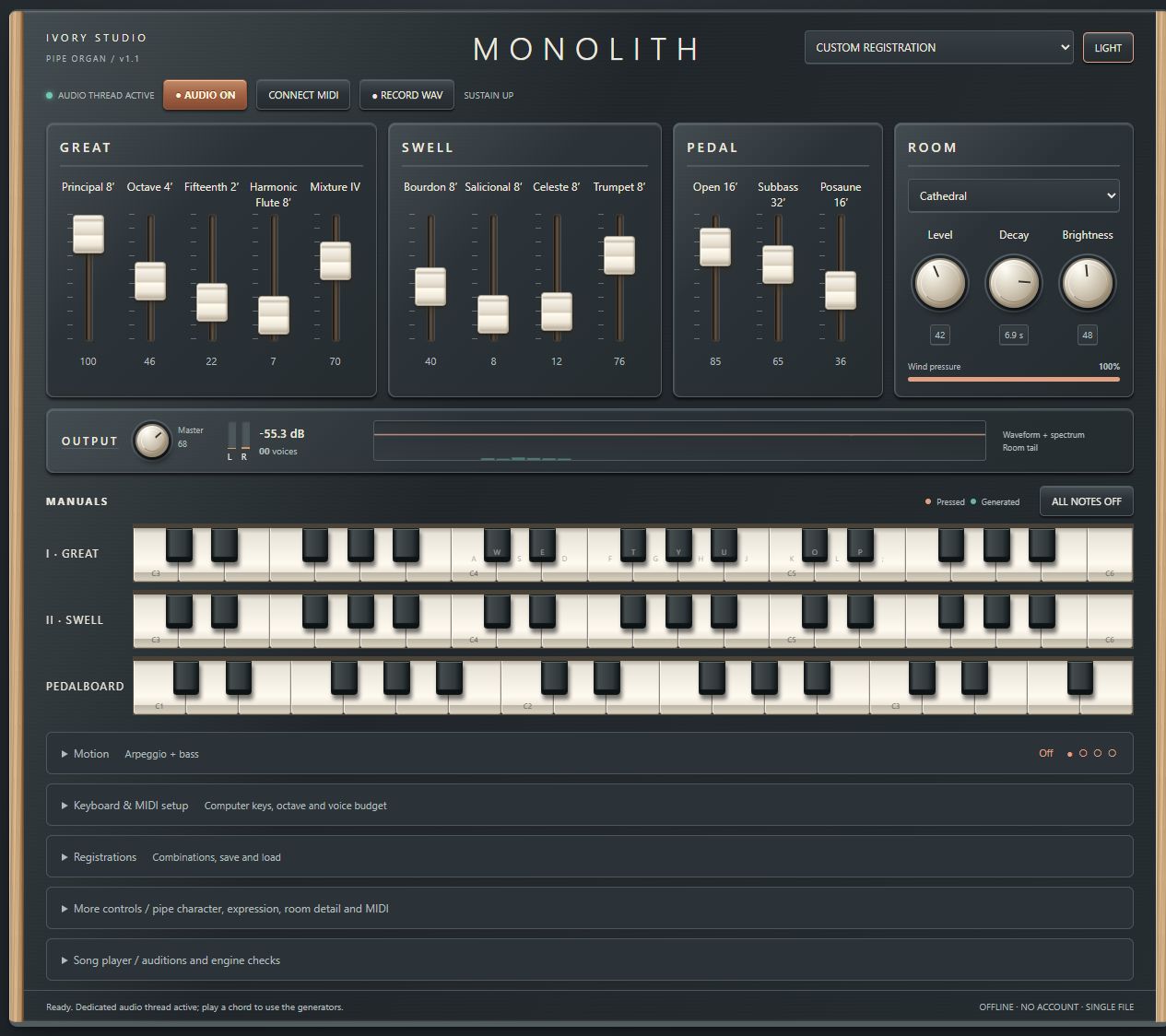 MONOLITH 1.1 Ivory Studio interface with twelve rank faders, room controls and three keyboards