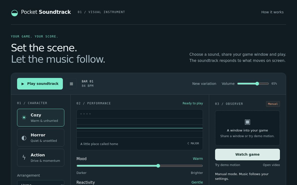 Pocket Soundtrack interface with genre, performance and game observer controls